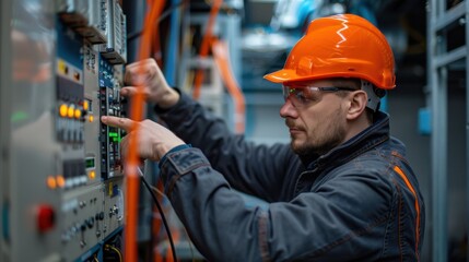 A man in an orange hard hat is working on a machine