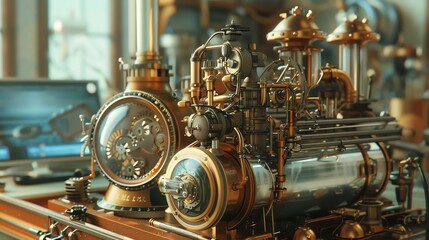 Illustrate a futuristic device based on classic literature, using unexpected camera angles to convey innovation Combine steampunk aesthetics with a 3D CG rendering