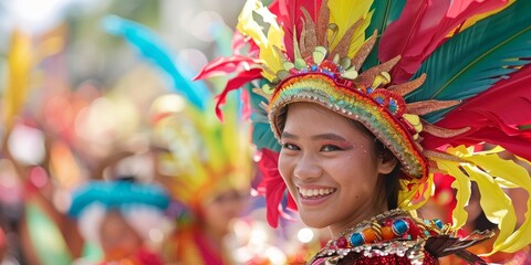 Fototapeta premium A young woman wearing a colorful feathered headdress smiles during a carnival celebration.