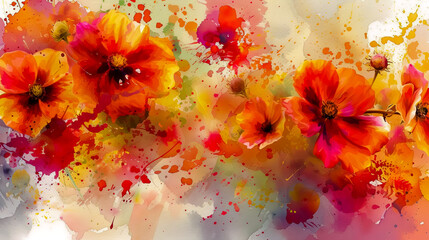 Watercolor painting of colorful flowers with splashes of paint on it.