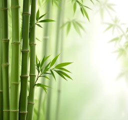 Green bamboo stalks with fresh leaves against a blurred green background with copy space