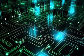 Obraz premium Digital circuit board pattern with glowing green lines, Futuristic, Dark green, Digital, Hightech and detailed