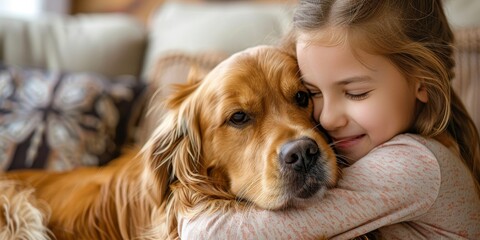 Little girl hugging her golden retriever dog