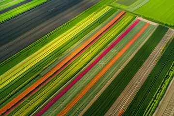A vibrant aerial view of multicolored tulip fields in neat rectangular patterns form a stunning landscape of colors and texture.