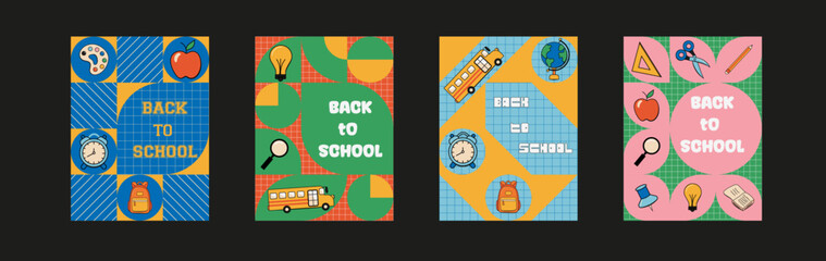Back to school vector poster set. Retro groovy background with educational creativity supplies for sale promotion ads collection. Vector illustration.