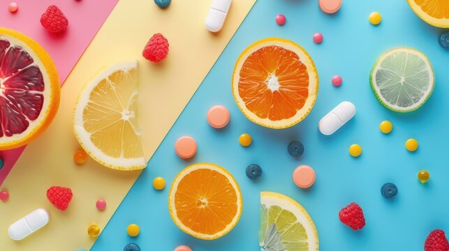 Vibrant background with vitamins tablets for health concept