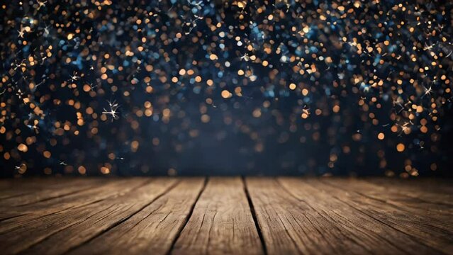 Festive Christmas stage scene, empty wooden flooring platform with motion falling bokeh lights blurred background, space for text. 