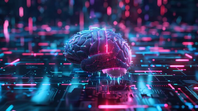 Futuristic digital brain representing artificial intelligence and technology with neon lights and circuit board background.