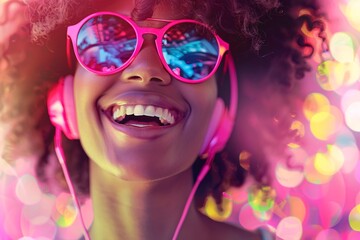 a woman wearing pink sunglasses and headphones
