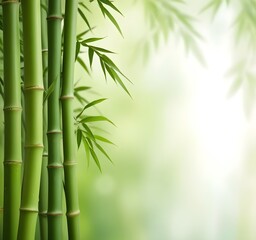 Green bamboo stalks with fresh leaves against a blurred green background with copy space