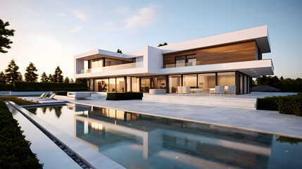 Obraz premium A luxurious modern mansion with a pool, showcasing contemporary design and opulent living.