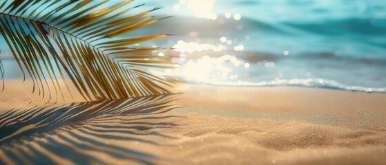 concept of relaxation on the ocean shore, white sand and palm leaves.