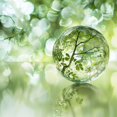 A beautiful green tree reflected in a crystal ball with a bokeh background, creating a serene and nature-inspired visual effect.