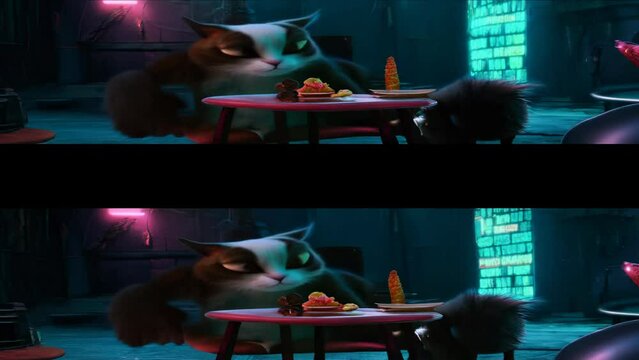 Animated cats sit at a table in a dark room illuminated by neon lights