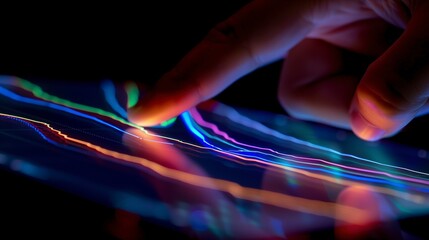 A Finger Glides Across A Vibrantly Colored, Abstract Interface: Evoking A Sense Of Tech Futurism, Digital Finance, Trading Analytics, And Music