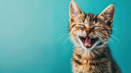 laughing cat on plain blue background, copy space
