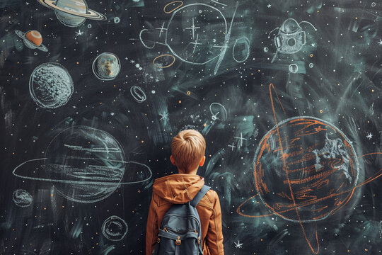 A student attentively looks at the blackboard, where a space drawing is depicted, possibly in a science or art class.