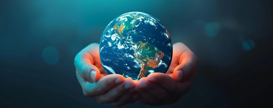 Hands holding the Earth, symbolizing global care, unity, and environmental responsibility in a vibrant background.