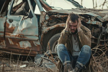 A distressed man sits despairingly near a wrecked car in a desolate area, encapsulating the devastating aftermath of an accident.