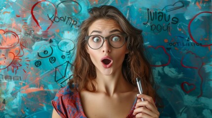 Obraz premium Surprised young woman holding a pen in front of a blue wall with drawings