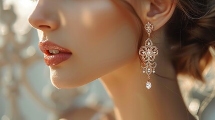 A close-up of a woman's ear adorned with a pair of chandelier earrings. The earrings feature intricate designs with sparkling gemstones, exuding elegance and sophistication. The focus is on the ear