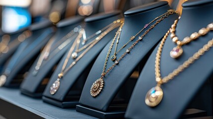 An array of necklaces hanging on a stylish display stand. The necklaces range from delicate chains to bold statement pieces, each with its own distinct design. The display stand adds a touch of