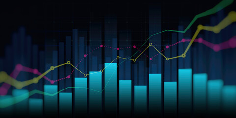 Abstract financial graph with uptrend line and bar chart of stock market on blue color background