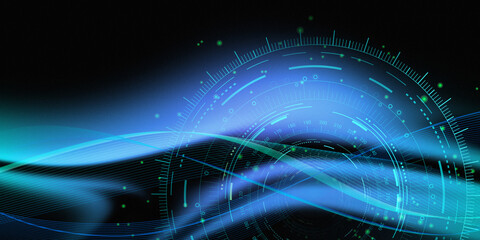 Futuristic digital interface with blue holographic waves and circular patterns, perfect for sci-fi visuals, tech designs, and innovative data visualization projects