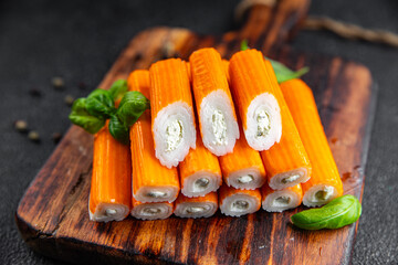 crab stick stuffing cream cheese and herbs natural fresh appetizer meal food snack on the table copy space food background rustic top view