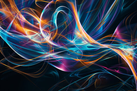An energetic swirl of colors in an abstract pattern captures movement, with electric blues, purple, and vibrant orange loops creating a dynamic visual.