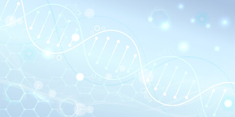 Illustration of a DNA molecule on a background of hexagonal patterns, rendered in light blue colours. Suitable for use in the context of genetic research, biotechnology and medicine.