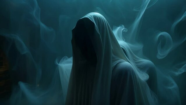 Horror, halloween concept. Ghost in white sheet, creepy ghost in fog animation looped 4k