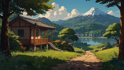 Wonderful anime cartoon style nature landscape view animated movie episode, Generative AI