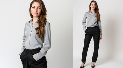 Businesswoman in a Grey Shirt and Black Trousers