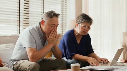 old retired asian senior couple checking and calculate financial billing together on sofa involved in financial paperwork, paying taxes online using e-banking laptop at living room home background