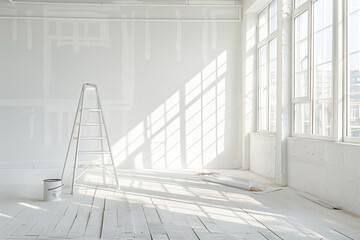 Apartment renovation - stepladder and a can of white paint stand in an white room. AI generative