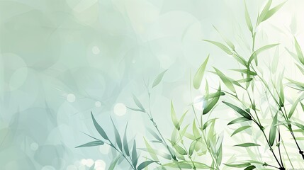 Elegant bamboo leaves against a soft, light green background with bokeh effects, creating a serene and fresh atmosphere