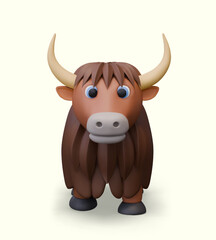 Realistic yak, front view. Long horned shaggy bull. Vector wild herbivore
