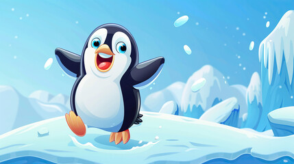 Naklejka premium cartoon penguin standing on ice, surrounded by snow The scene is cute and festive, perfect for a holiday card