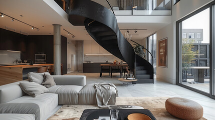 A high-end apartment living room with an open kitchen, a black spiral staircase in the background, a gray sofa and coffee table, interior design with natural light in a modern style. Generative AI.