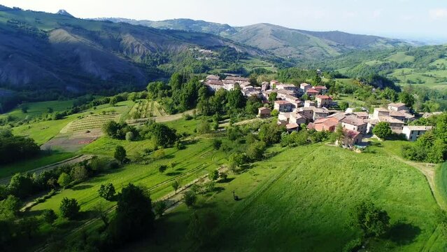 Aerial view of the medieval village of Bergogno of the Reggio Emilia Apennines