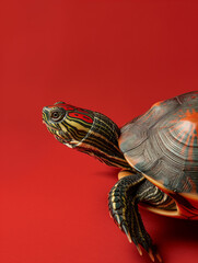 Fotografia realista de uma tartaruga de corpo inteiro, fundo vermelho puro, close-up