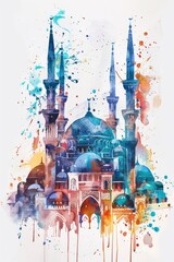 Obraz premium Colorful watercolor illustration of mosque in Istanbul, Turkey. Digital painting