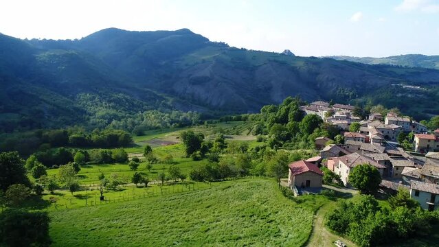 Aerial view of the medieval village of Bergogno of the Reggio Emilia Apennines