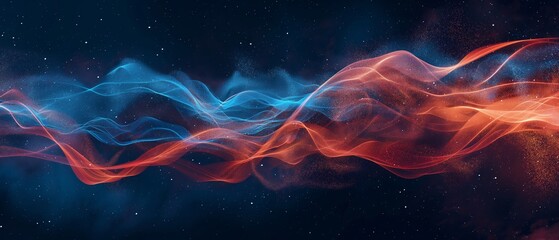Obraz premium A blue and red wave of light with stars in the background. Digital particles wave and light abstract background