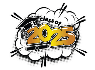 2025 class graduation header. Decorate congratulation for school graduates in comic cartoon style. Vector on transparent background