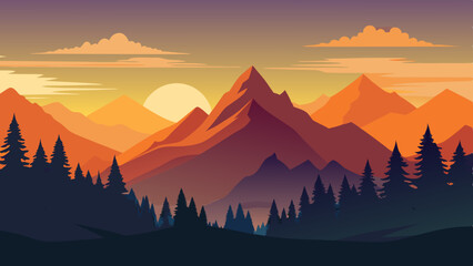 Beautiful vector illustration of sunset over mountains and forests landscape, with warm sun rays