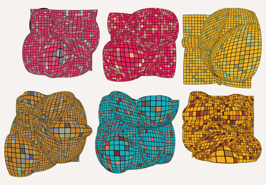 Set of Colored Geometric 3D computer modeled wire frame futuristic objects