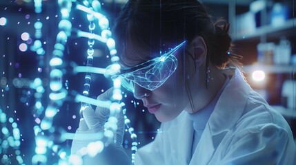 Scientist examining holographic DNA model in modern lab. Advanced research and genetics innovation concept.