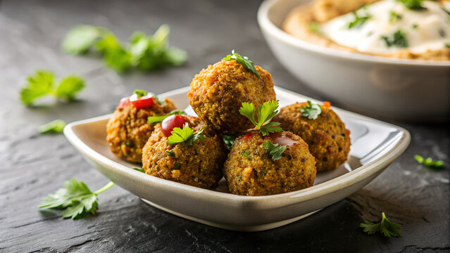 Plato de falafel con salsa de yogur. Cuenco blanco de fal&aacute;feles dispuestos en una pir&aacute;mide. Falafel reci&eacute;n hecho con salsa. 
